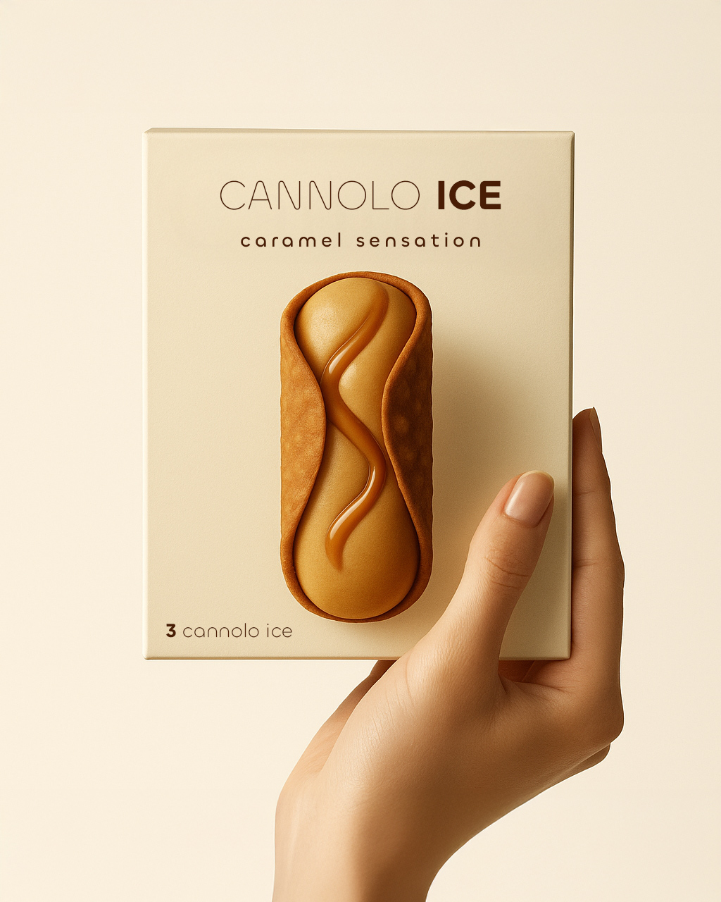 Hand holding a box of Cannolo Ice with 3 pieces