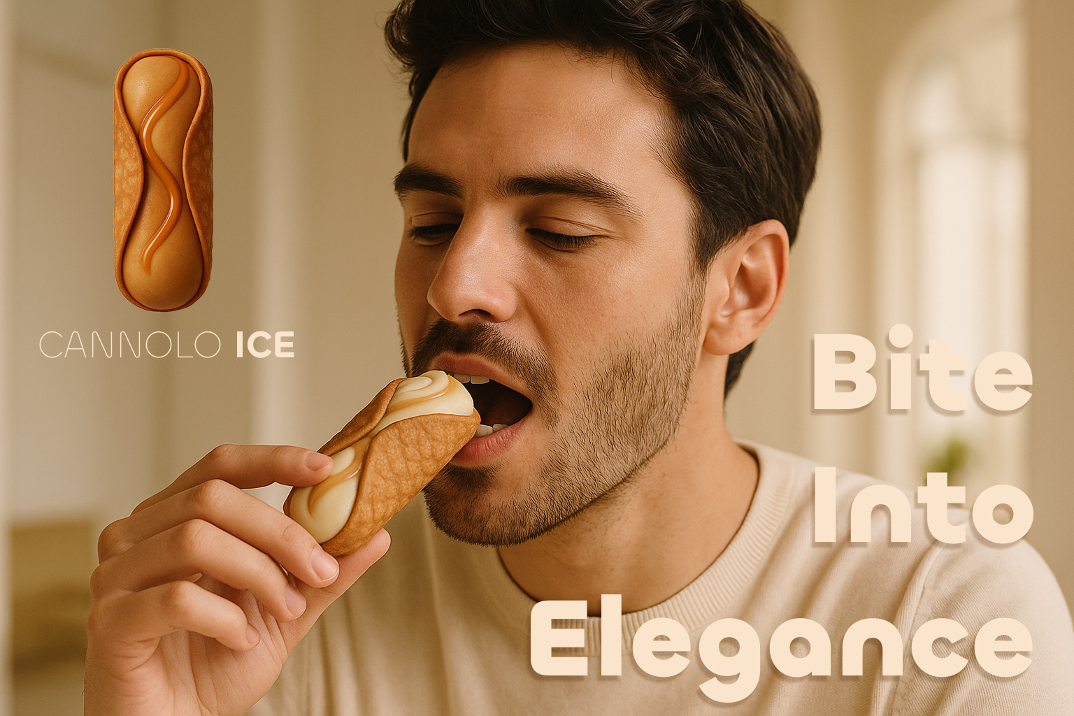 Person enjoying a Cannolo Ice with 'Bite Into Elegance' text
