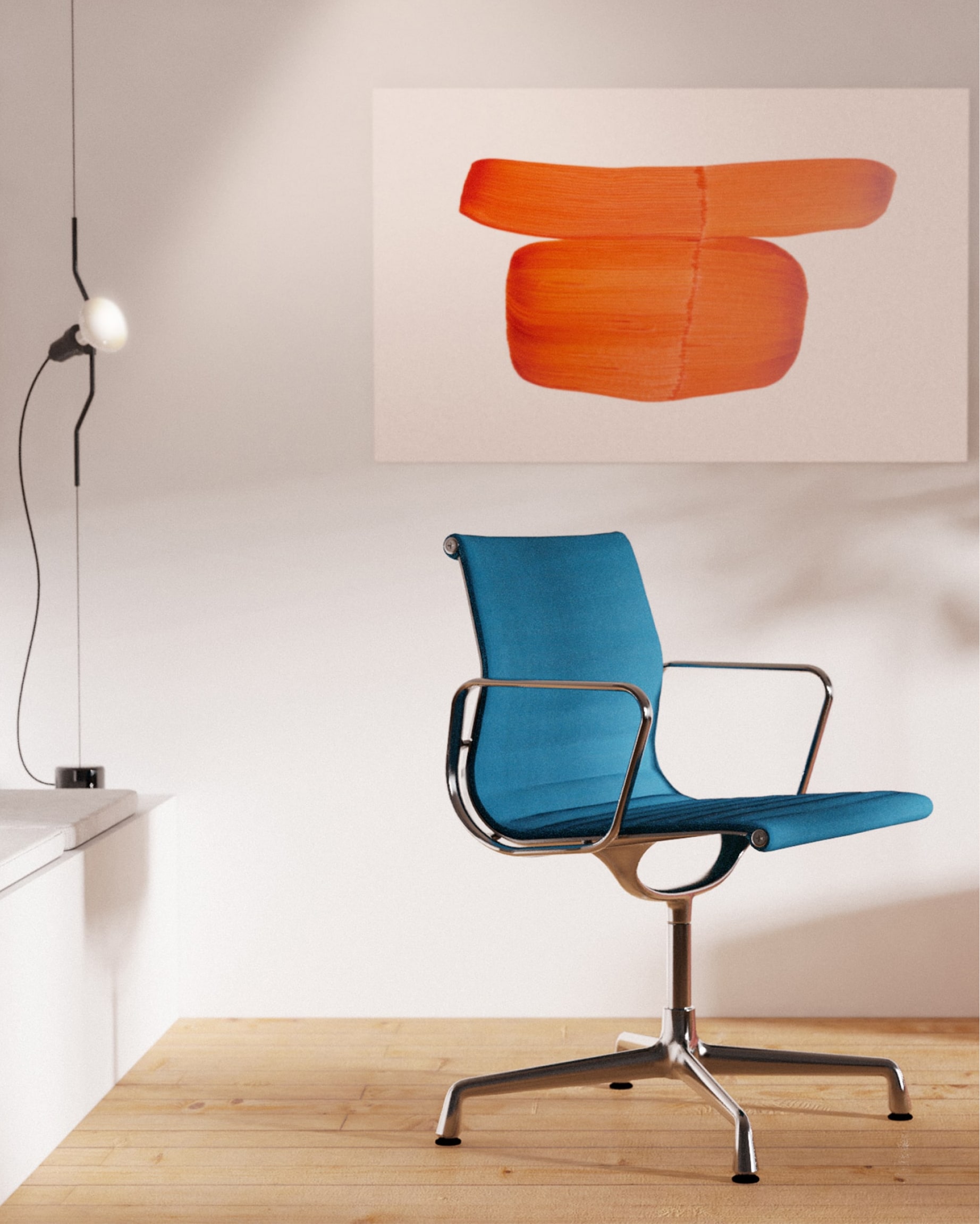 Minimalist interior with blue Eames chair and orange abstract painting