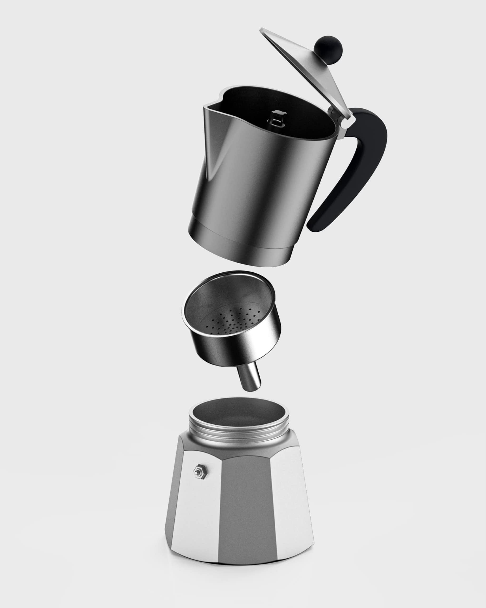 Exploded view of a moka pot coffee maker